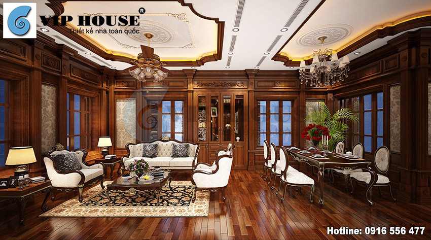 Thiết kế nội thất phòng khách tân cổ điển với gỗ đẹp ấn tượng